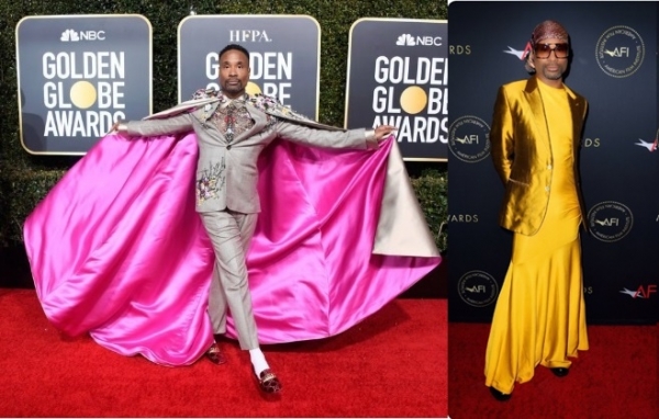 '드레스가 처음은 아니네!' 골든글로브 시상식에서 망토를 두르고(왼쪽) 미국영화협회 시상식에서는 황금색 재킷과 드레스를 입고 나온 포터. ⓒ나일론·빌리 포터 트위터
