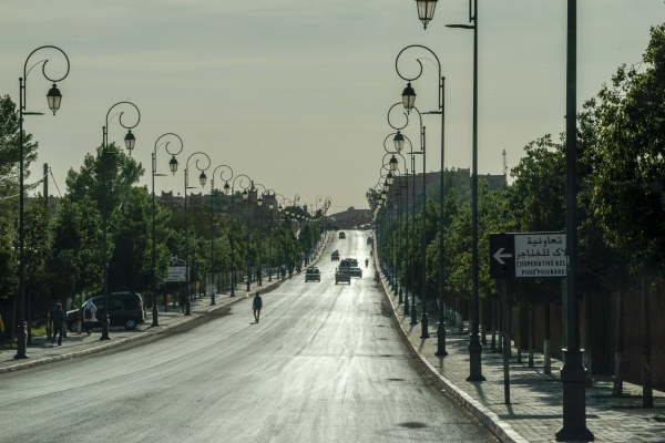 역광 빛이 가득한 모로코 와르자자트 인근 도로. 프랑스 영향을 많이 받아서 그런지 도로에 늘어선 가로등이 유럽풍이다. 사진_조현주
