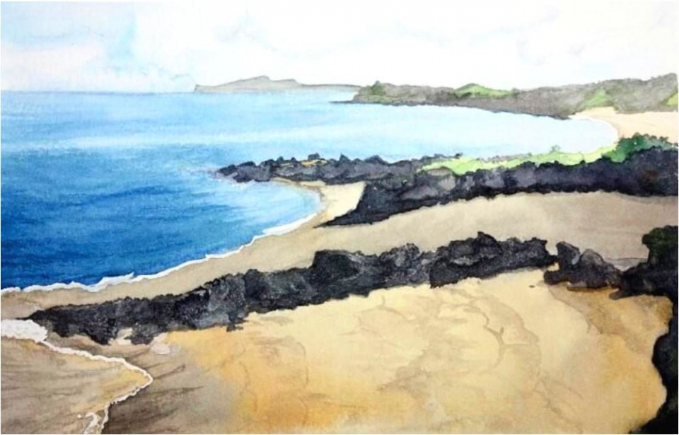 박지현 화가가 그린 제주 서귀포 올레 10코스의 해변 풍경. 박지현 화가는 『서귀포를 아시나요』의 삽화를 맡았다.  ⓒ박지현