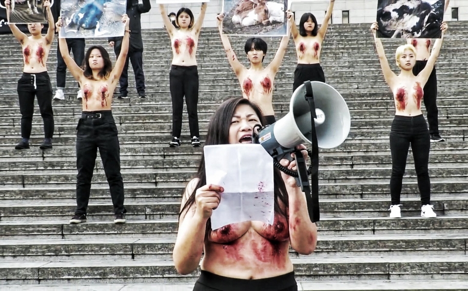 DxE 코리아의 활동가들은 14일 서울 광화문 세종문화회관 앞에서 피로 물든 가슴을 드러냈다. 이들은 “옷으로 가려지는 신체처럼 동물 착취와 학대도 상품의 껍데기 속에 가려진다”고 말했다. ⓒDxE코리아