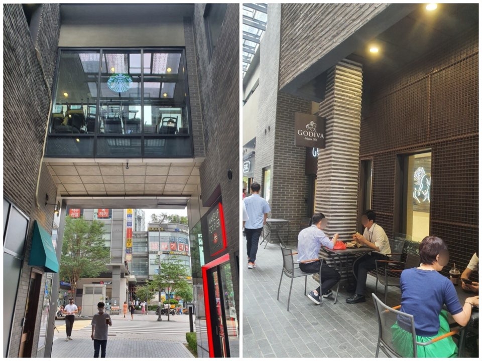 서울시 종로구 광화문 D타워의 12시 모습. 프랜차이즈 커피숍인 스타벅스는 모든 테이블과 의자를 정리했다. 그러나 다른 카페가 야외에 내놓은 테이블에는 사람들이 앉아있다. ⓒ여성신문