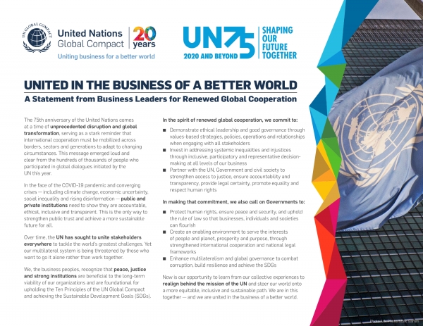 UN 창립 75주년 기념 ‘새로운 글로벌 협력을 위한 CEO 성명’ ⓒUN