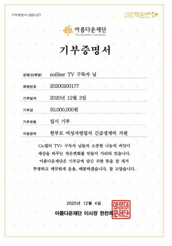 방송인 김나영이 한부모 여성자영업자를 위해 5000만원을 기부했다. 김나영이 SNS에 올린 기부증명서다. ⓒ김나영 SNS