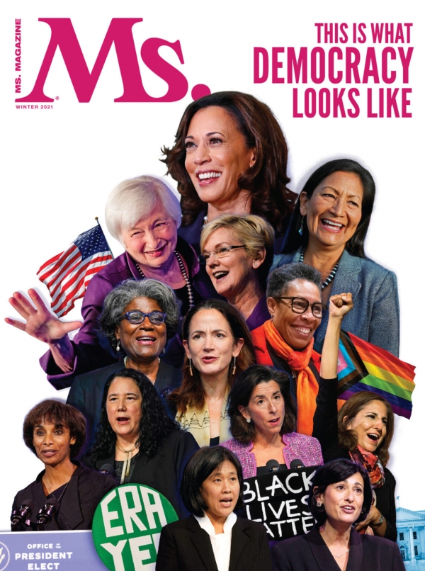 “민주주의는 이렇게 생겼다.” 글로리아 스타이넘 등이 창간한 미국의 대표적 페미니즘 매체인 ‘미즈 매거진’ 2021 겨울호 표지에는 바이든 초대 내각의 여성들이 등장한다. ⓒ미즈매거진 표지 캡처