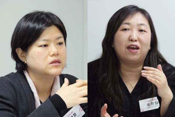 (왼쪽부터) 김혜정 한국성폭력상담소 신임 소장, 송란희 한국여성의전화 상임대표. ⓒ홍수형 기자