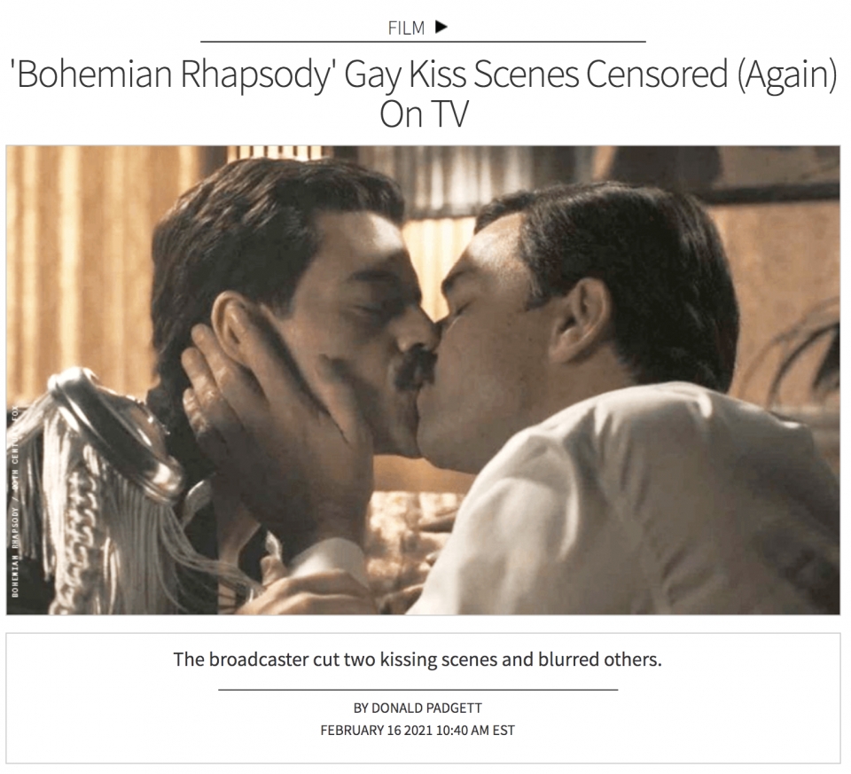 16일(현지시간) 미국 LGBTQ 전문 잡지 아웃은 SBS가 영화 '보헤미안 랩소디'를 방영하며 동성 간 키스 장면을 삭제하거나 모자이크 처리했다고 보도했다. ⓒ아웃 홈페이지 캡처