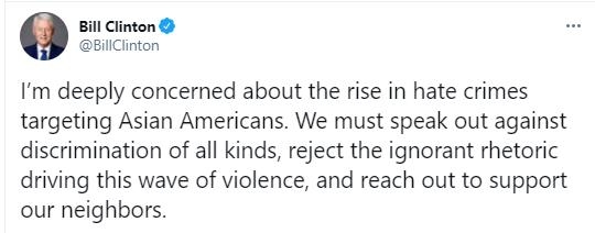 빌 클린턴 전 미국 대통령이 아시아계 미국인을 향한 혐오범죄의 증가를 우려하며 작성한 트윗 ⓒ빌 클린턴 트위터 캡처