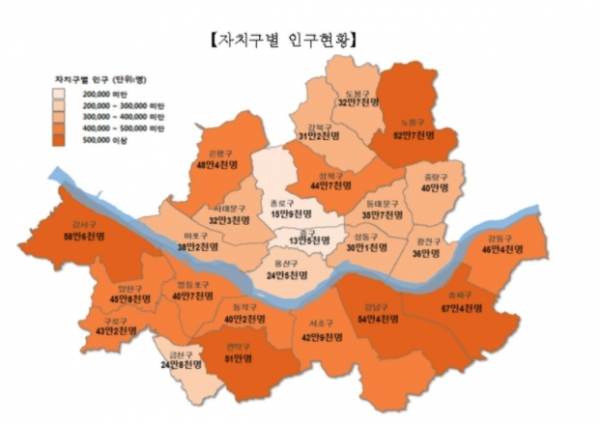 2020년 말 기준 서울시 자치구별 인구 현황 ⓒ서울시