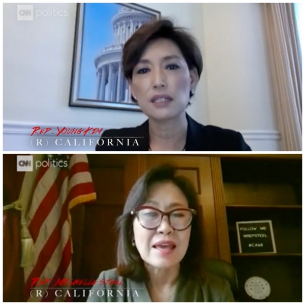 지난 18일 아시아계 차별과 증오범죄에 대응하기 위한 국회 청문회에서 발언하는 영 김 의원과 미셸 박 스틸 의원.  ⓒCNN 웹사이트 영상 캡처