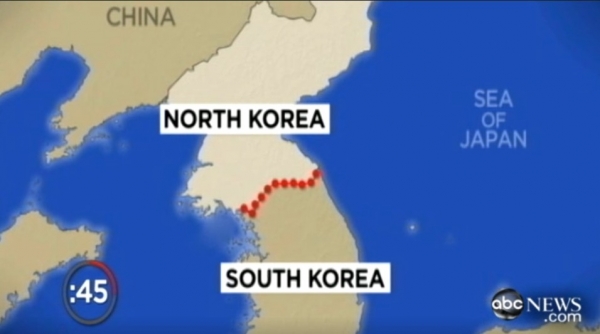 지난 2019년 미국 ABC 방송 보도 화면. 북한의 역사를 소개하는 방송에서 일본해로 단독 표기된 지도를 사용했다.  ⓒABC 방송