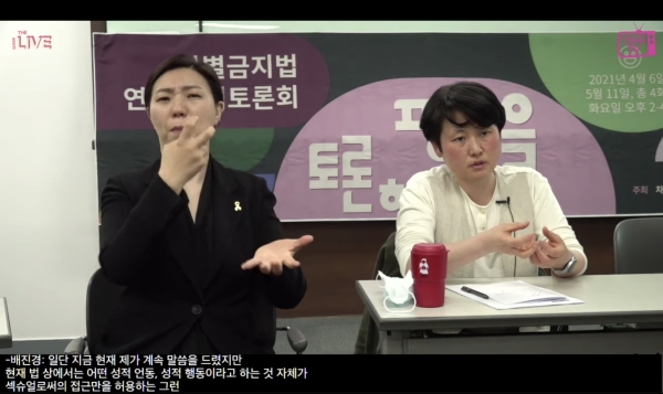 배진경 한국여성노동자회 대표가 고용 성차별 관련 발제를 하고 있다. ⓒ연분홍TV 생중계 영상 캡처