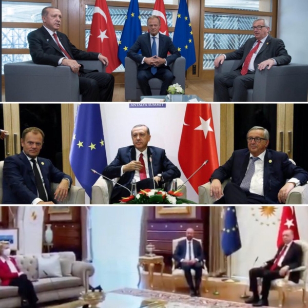 레제프 타이이프 에르도안 터키 대통령이 과거 EU 남성 수장 2명과 회담을 가질 때는 모두가 별도의 의자에 앉았다.  ⓒ유럽의회 사진 갈무리