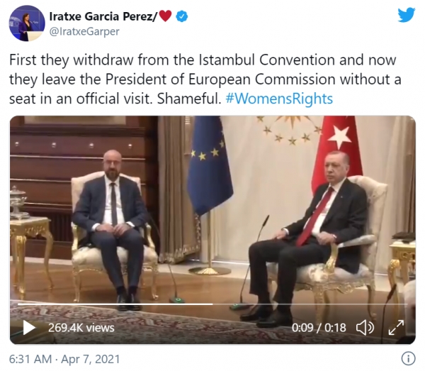 스페인 출신 이라트세 가르시아 페레스 유럽의회 의원은 6일 자신의 트위터를 통해 ‘소파게이트’ 사건을 알리며 터키 정부를 비판했다. ⓒ트위터 캡처