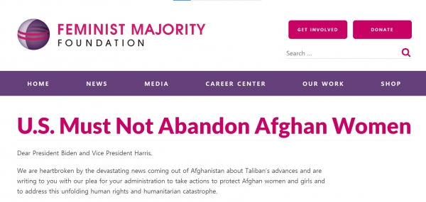 글로리아 스타이넘, 멜란 버비어 전 미 세계 여성문제 담당 전권대사 등 85인은 18일(이하 현지시간) 미 여성단체 ‘페미니스트 다수 재단(FMF)’ 웹사이트를 통해 “미국은 아프가니스탄 여성을 저버려선 안된다”는 제목의 공개서한을 보냈다. ⓒ‘페미니스트 다수 재단(FMF)’ 웹사이트 캡처