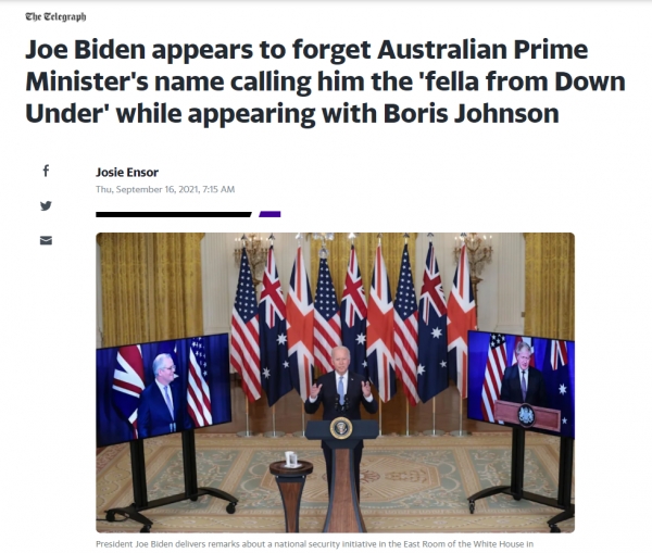 조 바이든 미국 대통령이 호주 총리의 이름을 깜박 잊조 '지구 반대편에서 온 사람'이라고 불렀다고 영국의 탤리그래프가 전했다 ⓒ탤리그래프 홈페이지 갈무리