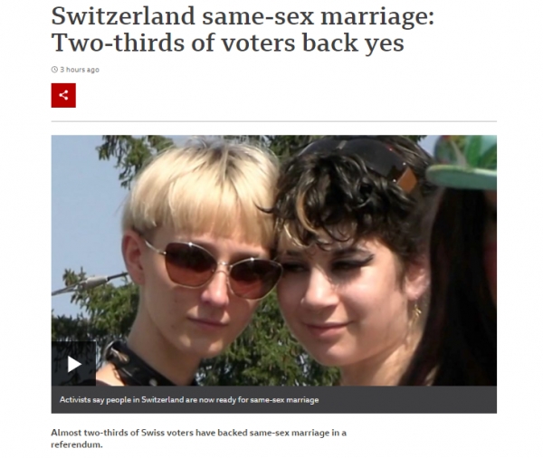스위스가 26일(현지시각) 국민투표플 통해 동성결혼을 합법화했다고 BBC등 외신이 전했다. ⓒBBC 홈페이지 갈무리