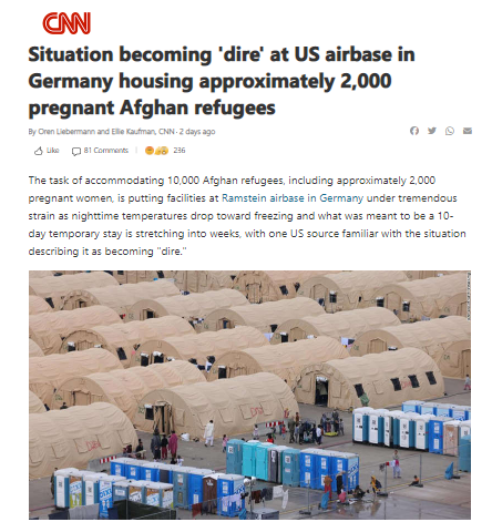 독일 럄슈타인 미 공군기지에 수용중인 아프간 여성난민 2천여명이 임신했으나 영하의 추위에 치료를 제대로 받지 못하고 있다고 CNN이 보도했다. ⓒCNN 홈페이지 갈무리
