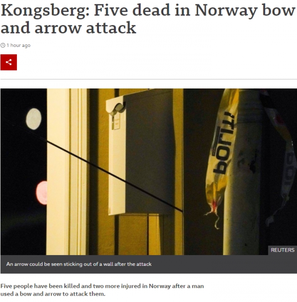 노르웨이의 소도시 콩스베르크에서 한 남성의 무차별 화살공격으로 5명이 숨지고 2명이 다쳤다고 BBC가 보도했다. ⓒBBC 홈페이지 갈무리