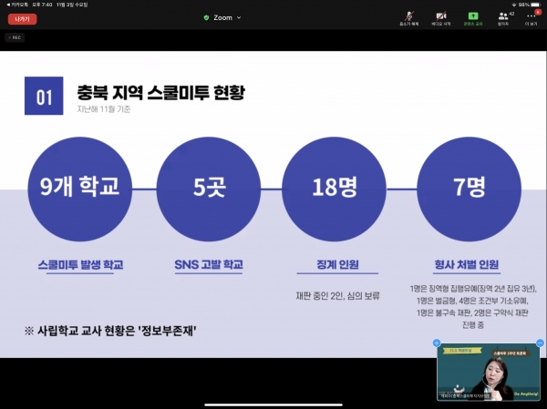 ‘스쿨미투운동 3주년, 한국사회에 던지는 과제’ 토론회가 3일 열렸다.  ⓒ줌 화면 캡처