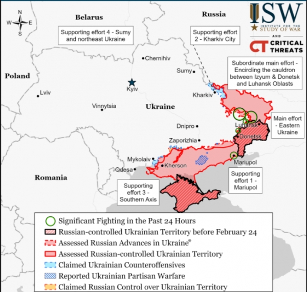 러시아군의 우크라이나 통제지역. 붉은 색 지역이 완전히 장악했거나 점령을 시도하고 있는 지역이다 ⓒ전쟁연구소
