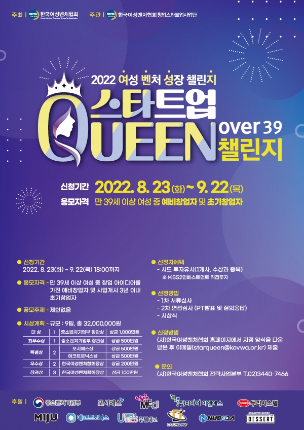 한국여성벤처협회(회장 김분희)는 ‘2022년 여성벤처 성장 챌린지(이하 여벤성지)’의 중장년 파트 창업 공모전인 ‘여성벤처 스타트업 퀸 챌린지(이하 스타퀸)를 23일부터 시작한다고 밝혔다. ⓒ한국여성벤처협회