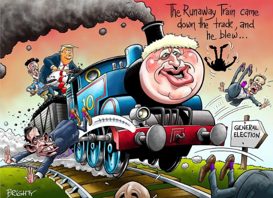 2019년 보리스 존슨 전 영국 총리의 브렉시트 강행을 위한 조기 총선 추진 비판하는 영국 '더선'의 풍자 만화  ⓒ더 선 갈무리