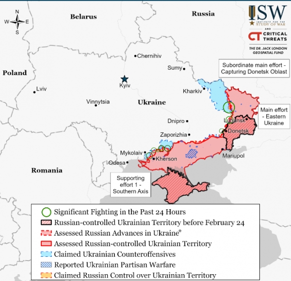 러시아군은 우크라이나 동남부 상당지역을 점령했다(붉은색). 우크라이나군은 동부 하르키우와 남부 헤르손 미콜라이우 등에서 반격하고 있다(하늘색) 붉은색 사선 지역은 전쟁 전 친 러시아 지역. 미국 전쟁연구소의 16일(현지시각) 현재 우크라이나 전쟁 현황 분석  ⓒ전쟁연구소