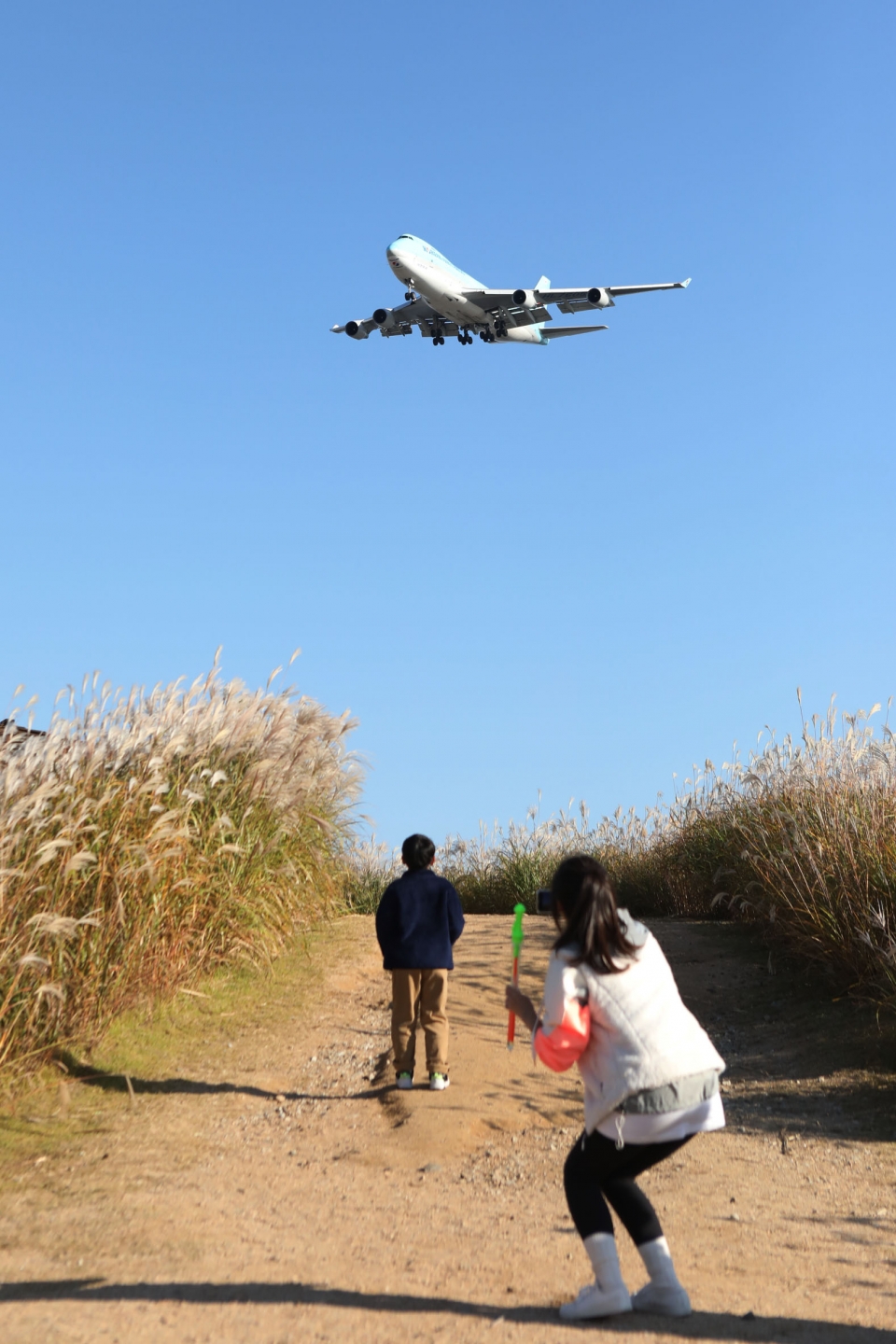 18일 인천광역시 중구 하늘정원을 찾은 시민들이 갈대밭과 비행기 배경으로 기념촬영을 하고 있다. ⓒ홍수형 기자