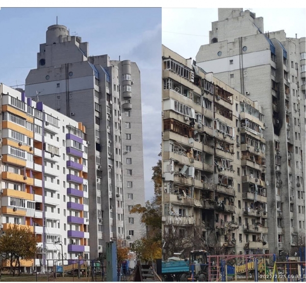 우크라이나 전쟁 첫날 찍은 우크라이나의 한 건물, 러시아의 포격으로 뼈대만 남아있다.  ⓒ우크라이나 국방부 트위터