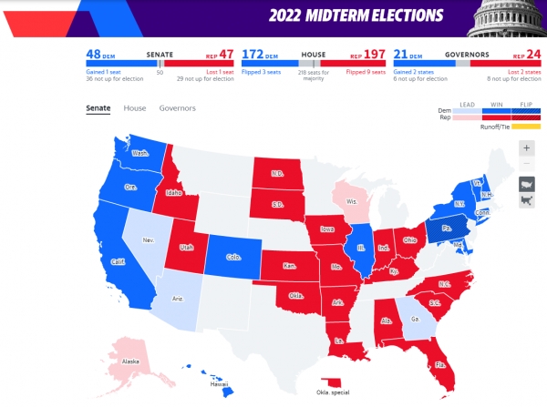 미국 중간선거 상원선거 당선 예상 지역(푸른색 민주당, 붉은색 공화당 우세지역) ⓒ야후 뉴스
