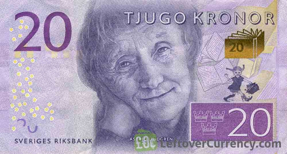 스웨덴 20크로네 지폐에는 말괄량이 삐삐로 유명한 작가 아스트리드 린드그렌의 얼굴이 새겨져 있다.