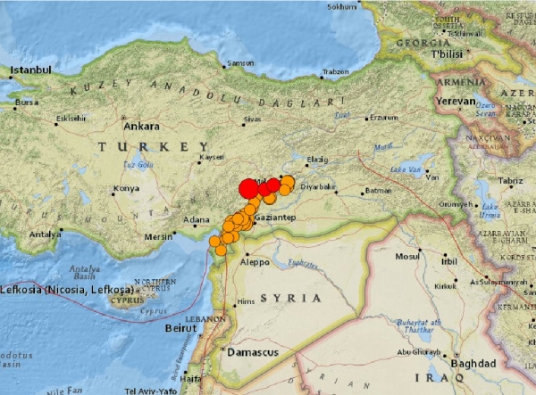 튀르기예·시리아 지진지도 ⓒ미국 지질조사국(USGS)