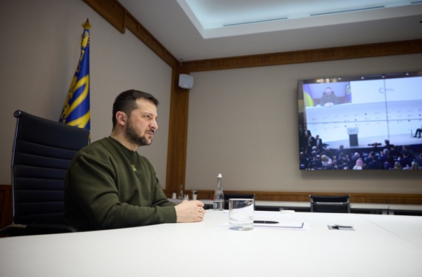 볼로디미르 젤렌스키 우크라이나 대통령이 17일(현지시각) 뮌헨안보회의에 화상으로 참여하고 있다. ⓒ우크라이나 대통령실