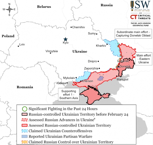 우크라이나 전쟁 현황. 검의 테두리에 붉은 사선 지역은 전쟁 전 러시아 점령지역이고 붉은색 테두리 지역은 전쟁후 러시아가 장악한 지역, 푸른색 사선 테두리 지역은 우크라이나가 재탈환한 지역이다. ⓒ미 전쟁연구소