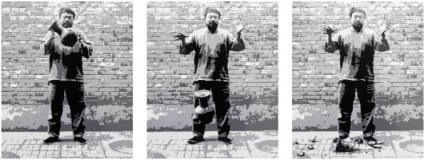 아이웨이웨이, Dropping a Han Dynasty Urn, Triptych: 230 x 192 cm x 3p, LEGO bricks mounted on aluminum, 2015 (Edition 2 of 30 + 2AP) ⓒ탕 컨템포러리 아트 서울 제공