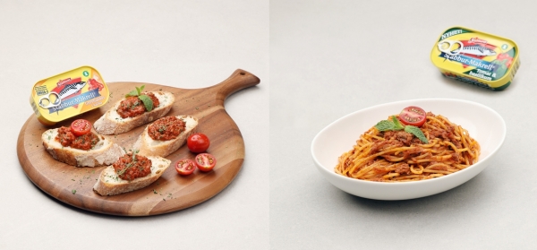 스타부르 캔 고등어 제품 살사맛(사진 왼쪽)과 토마토앤(&)바질 맛으로 조리한 요리 ⓒ스타부르