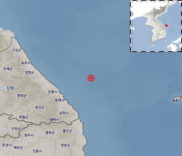 강원도 동해시 북동쪽 54km 해역에서 25일 오전 5시3분 규모 2.3의 지진이 발생했다. ⓒ기상청 제공