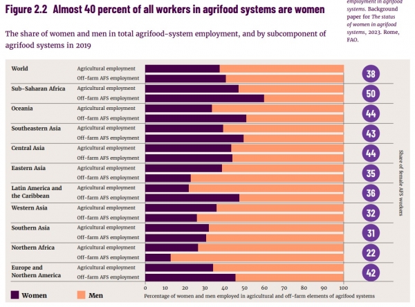 농식품업 여성 종사자 비율을 보여주는 그래프. 자주색이 여성 고용률을 나타낸다. ⓒFAO