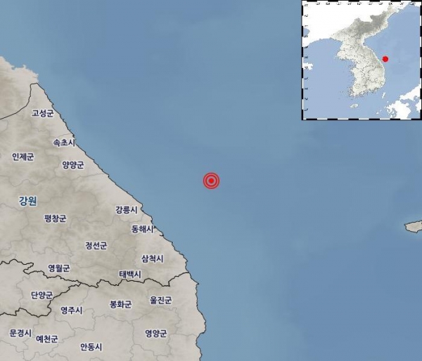 26일 아침 강원 동해시 해역에서 발생한 지진의 진앙지. ⓒ기상청