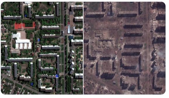 수개월째 소모전이 벌어지고 있는 우크라이나 동부 바흐무트의 전쟁 전과 현재의 모습 ⓒ우크라이나 국방부 트위터