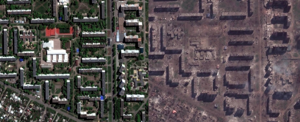 전쟁 전과 현재의 바흐무트 ⓒ막사 테크놀로지(우크라이나 국방부 트위터)
