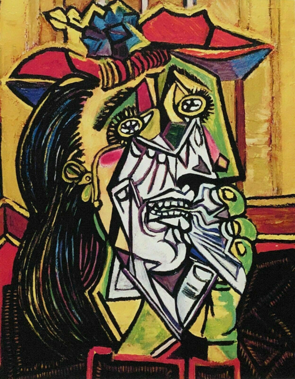 피카소, 우는 여인, 1937년, 영국 테이트모던 미술관 소장. 피카소의 다섯번째 연인 도라 마르의 고통받는 모습을 그린 작품이다.