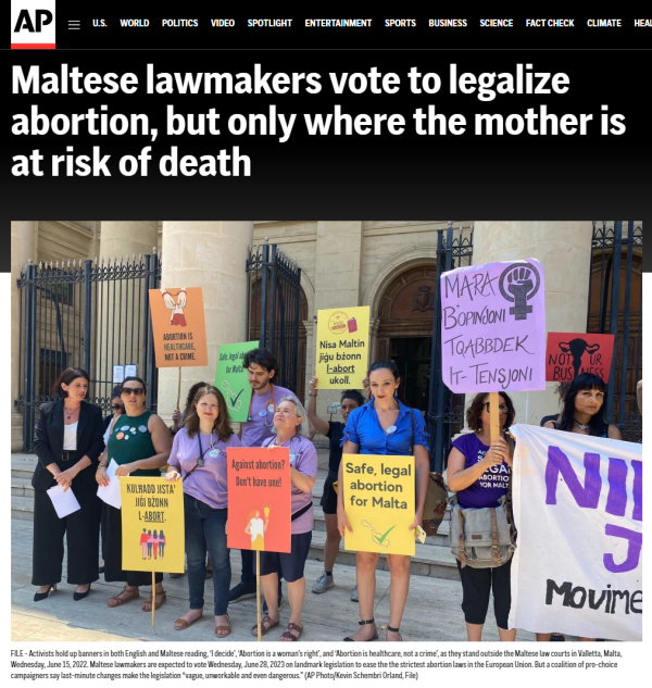AP통신은 28일(현지시간) 몰타 의회가 만장일치로 임신부의 생명에 위험이 있는 경우에 한해 임신중지를 허용하는 내용의 법안을 통과시켰다고 보도했다.  ⓒAP통신 온라인 기사 캡처