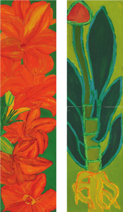 (왼쪽부터) 유재성, 호박꽃, 20x38cm(x), 한지에 수채, 2022대파, 20x38cm(x), 한지에 오일파스텔과 수채, 2023 ⓒ갤러리 자작나무