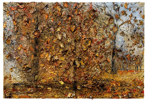 안젤름 키퍼, ‘라이너 마리아 릴케를 위한 가을’(Herbst, Für R. M. Rilke), 2022. 낙엽을 비추는 빛과 그 빛이 만들어 내는 강렬한 색감에 영감을 받은 작품. 금박으로 표현함으로써 쇠퇴와 부패가 아닌 재탄생의 의미로 낙엽을 바라보고자 했다. ⓒAnselm Kiefer, Photo: George Poncet/헤레디움 제공