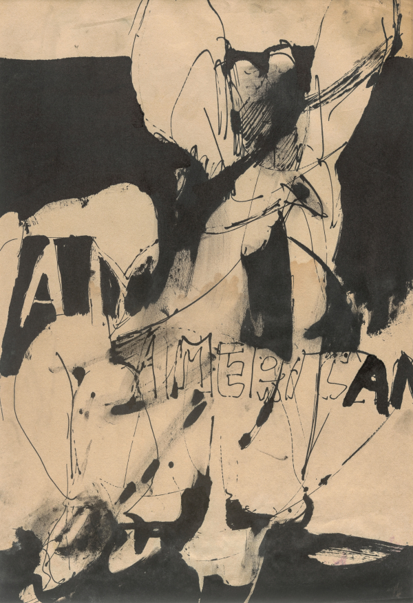 최욱경, 〈Untitled (AM I AMERICAN)〉, c. 1960s, Ink on paper, 46 x 31cm, Courtesy of the artist’s estate and Kukje Gallery. ⓒ사진 안천호/국제갤러리 제공
