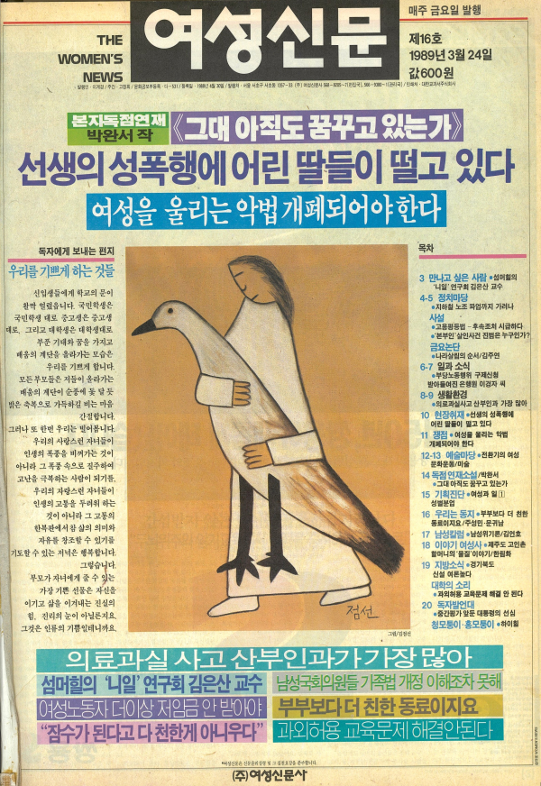 1989년 3월24일 발간된 여성신문 제16호 표지. 김점선 화백 작품. ⓒ여성신문
