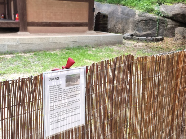 서울 여담재에서 전시를 열었던 이충열씨가 직접 만들어 단 ‘자주동샘’ 안내문. 우측 상단에 보이는 우물모양의 돌과 바위가 자주동샘이다. (사진=이충열씨 제공)