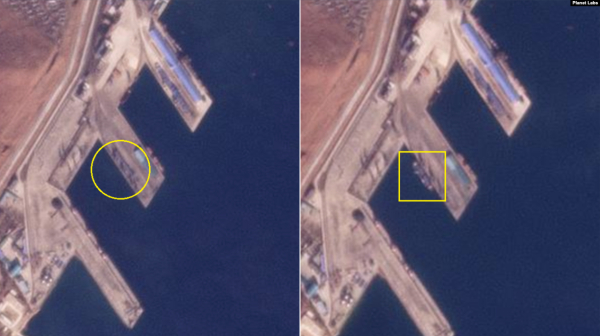 23일과 24일 북한 라진항을 촬영한 위성사진. 23일 부두에선 약 1km 길이로 쌓인 컨테이너*원 안)가 보이지만 24일엔 컨테이너 대신 선박(사각형 안)만 발견됐다. ⓒVOA 홈페이지 갈무리