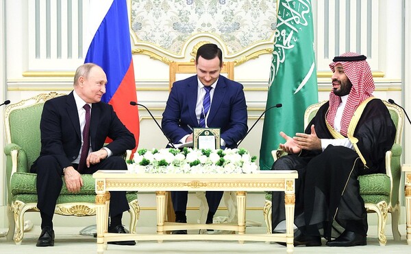 블라디미르 푸틴 러시아 대통령과 빈 살만 사우디아라비아 왕세자가 6일(현지시각) 사우디 왕궁에서 회담하고 있다. ⓒ러시아 대통령실